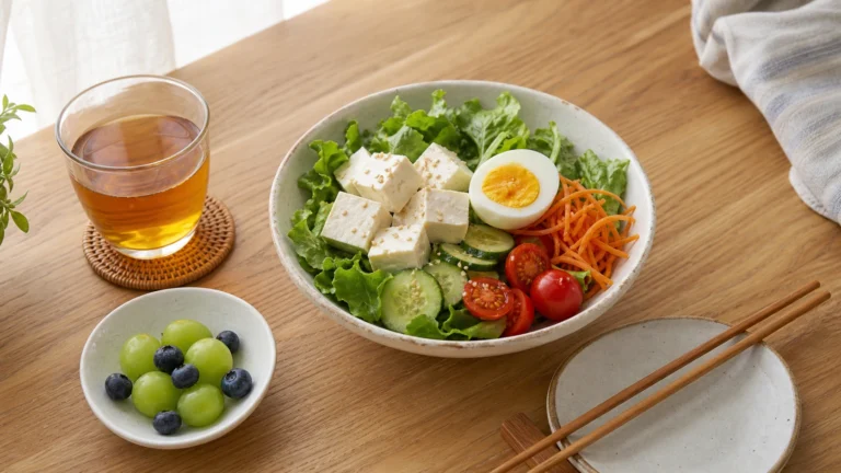夏季便利商店輕食的豆腐沙拉雞蛋與無糖茶餐桌