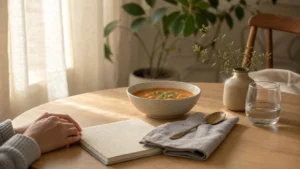 正念飲食停一下的溫暖餐桌湯品水杯與覺察筆記