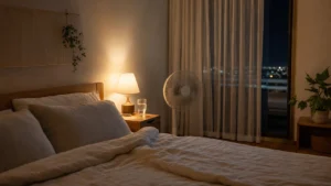 夏季睡眠儀式的清爽臥室與床邊水杯薄被