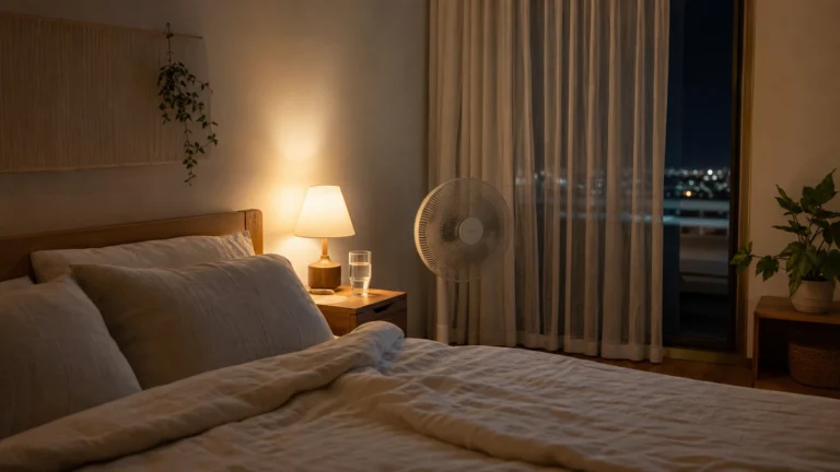 夏季睡眠儀式的清爽臥室與床邊水杯薄被