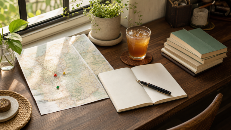 夏日活動靈感的書桌筆記與活動地圖