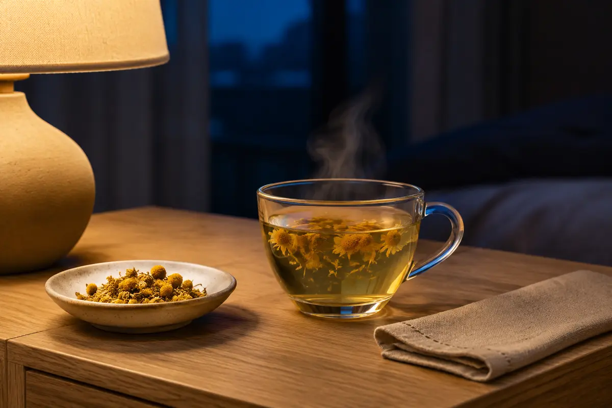 夜晚儀式中的洋甘菊花草茶與暖色燈光