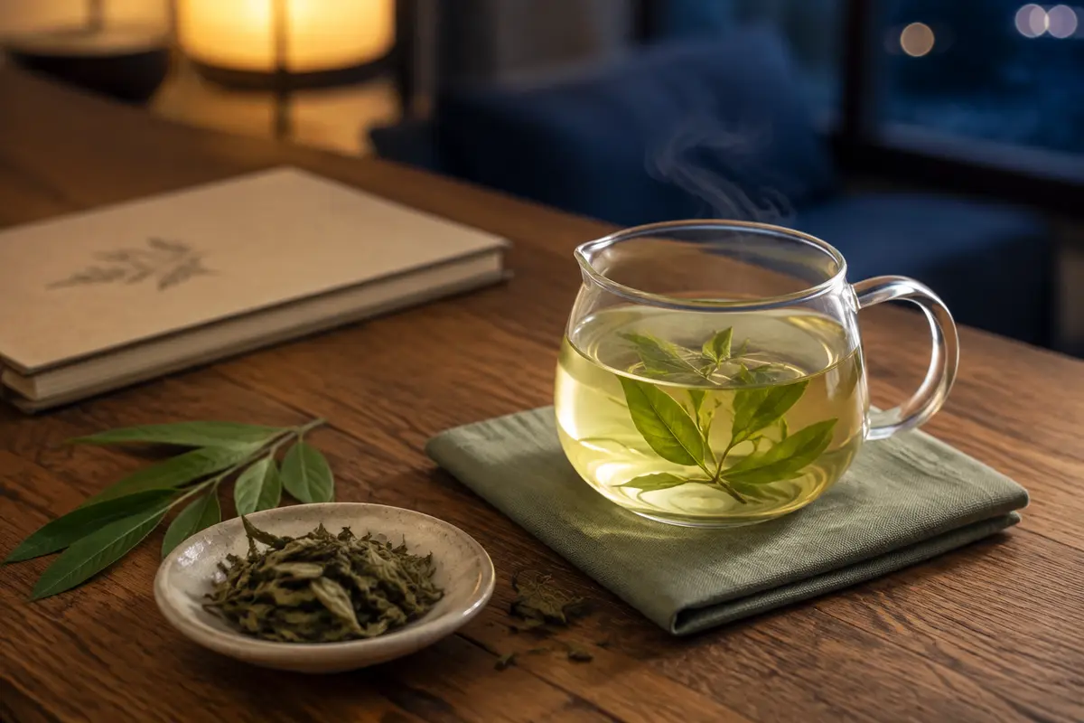 檸檬馬鞭草茶、香草葉與夜晚閱讀桌面
