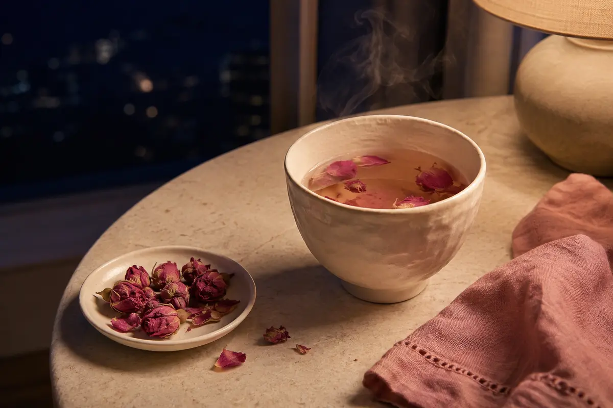 乾燥玫瑰花與淡粉色花草茶的夜晚儀式