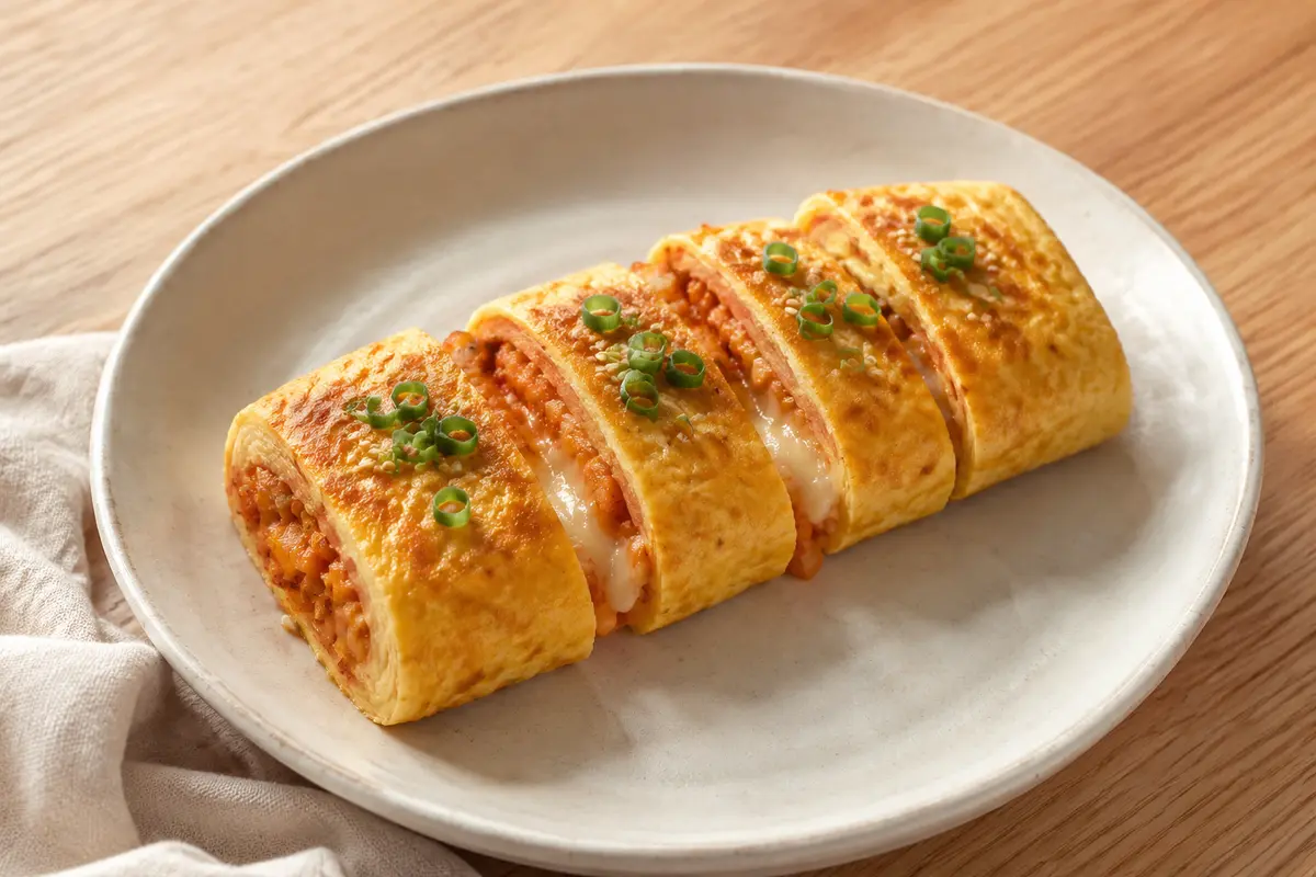 泡菜起司蛋捲快速蛋料理成品，切片蛋捲露出泡菜與起司