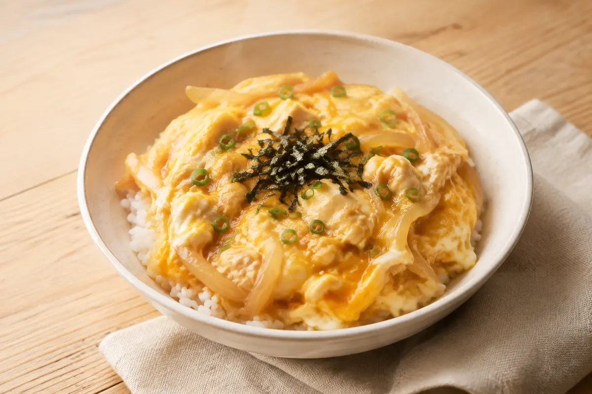日式滑蛋丼快速蛋料理成品，滑嫩雞蛋、洋蔥與白飯