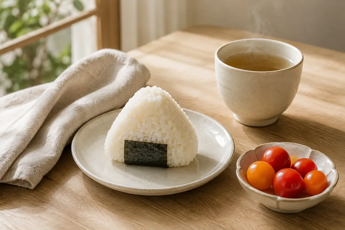 鮪魚飯糰、無糖熱茶與小番茄通勤早餐成品