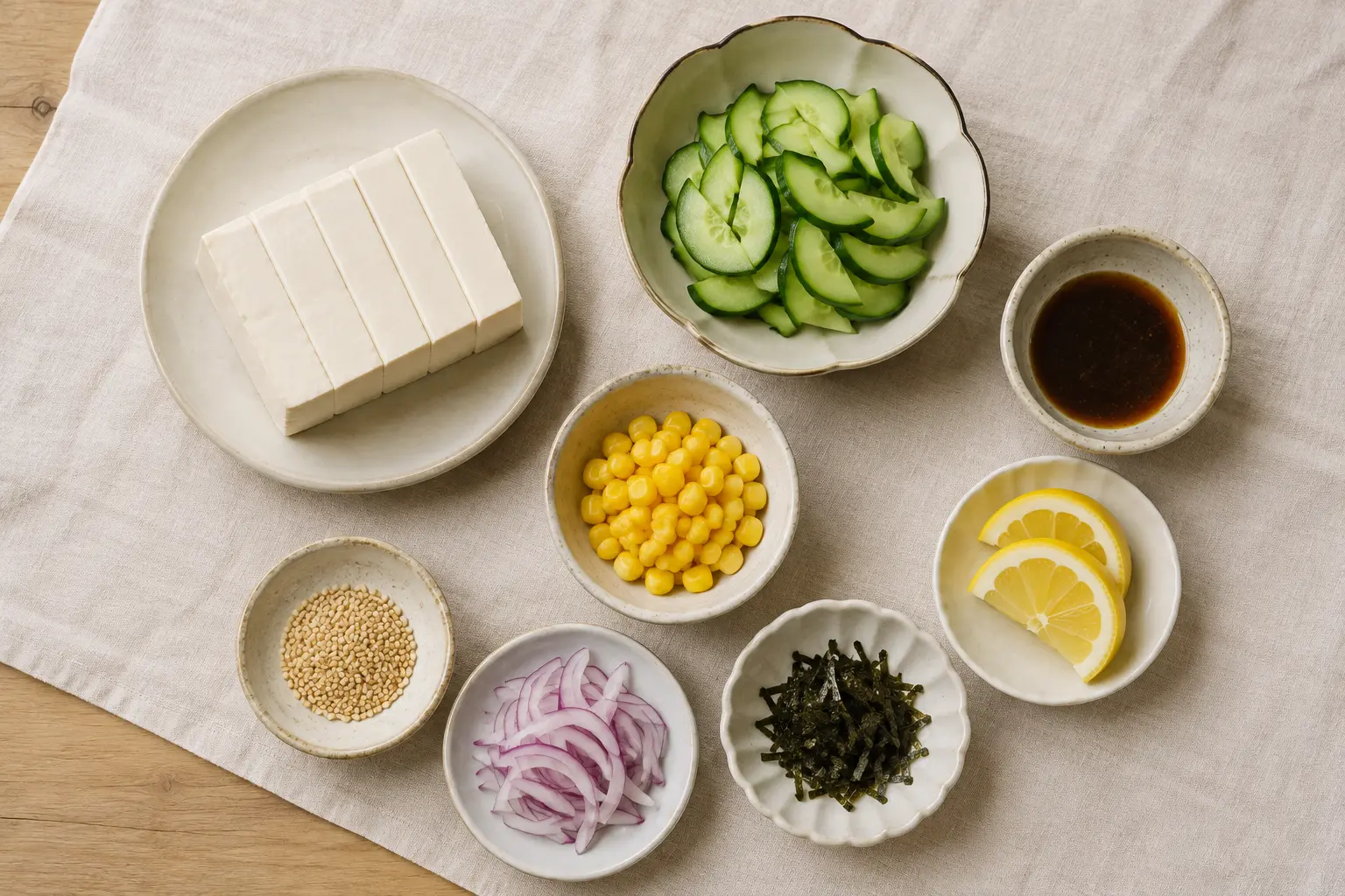 豆腐輕食所需的豆腐、小黃瓜、玉米、紫洋蔥、芝麻與海苔食材